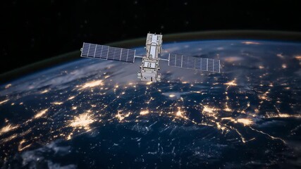 101Close-up of a satellite with expansive solar panels gliding above Earth at night, Europe illuminated with sparkling city lights, symbolizing global communication and advanced techn - Powered by Adobe