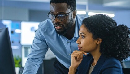 Two colleagues working together, focused on the computer screen, possibly discussing projects or strategies. The man wears glasses while the woman has an attentive look