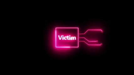 Victim- text neon  bright magenta red color animation on black background.  Rectangle frame neon text letter animation.