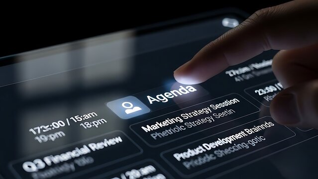 Hand selecting agenda item on digital tablet screen for business meeting - Powered by Adobe