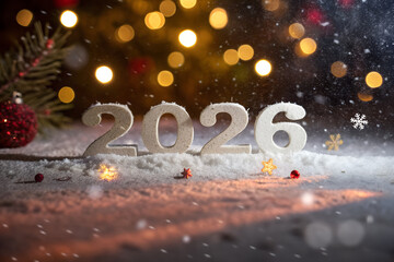   
Snowy 2026 Numerals with Ornaments, Falling Snowflakes, and Warm Lights Celebrating New Year in a Festive Winter Scene   generative ai