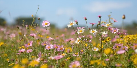 Vibrant Wildflowers in Bloom - Serene Field of Pink and Yellow Flowers under Clear Blue Sky