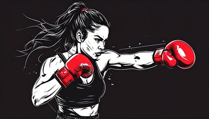 Female boxer punching with gloves simplistic line drawing on black