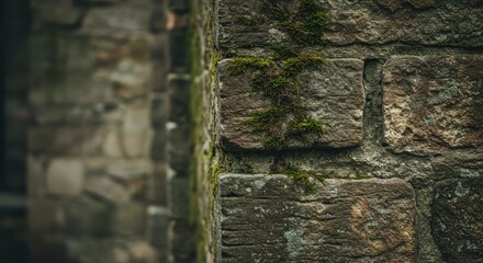Close-up of a stone wall corner with moss and plants