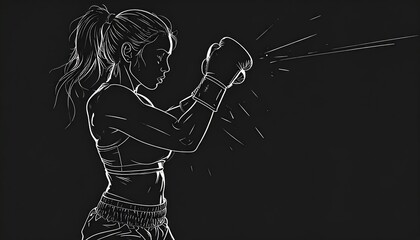 Female boxer punching with gloves simplistic line drawing on black