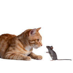 Ginger cat intently watches a tiny mouse standing on its hind legs