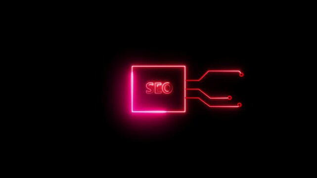 SEO- text neon bright magenta red color animation on black background.  Rectangle frame neon text letter animation.