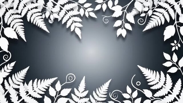 Botanical Paper Cutout Frame - White paper cutouts of ferns and leafy branches frame a softly lit grey background. The foliage creates a border with an empty space in the center for text or graphics.