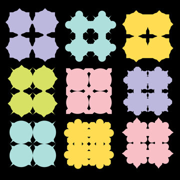 Set of unique abstract geometric shape grid in pastel tone on black background