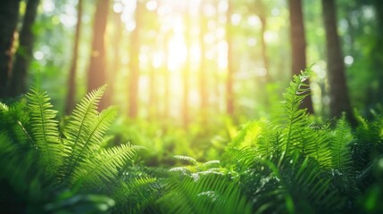 Sun-Kissed Fern Fronds Glowing in the Ethereal Morning Light of a Serene Forest