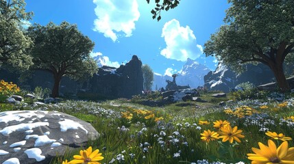 Sunlit Alpine Meadow Where Spring Wildflowers Bloom Amidst Lingering Snow