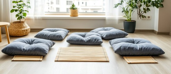 Sunlit Zen Gathering Space with Grey Floor Cushions and Bamboo Mats