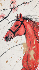 Close up of the red horse with a single, minimalist branch of blossoms. Lunar New Year concept. White background.