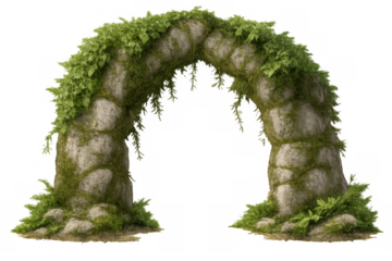 Stone arch covered in green moss and climbing vines, forming a natural gate or portal, transparent background