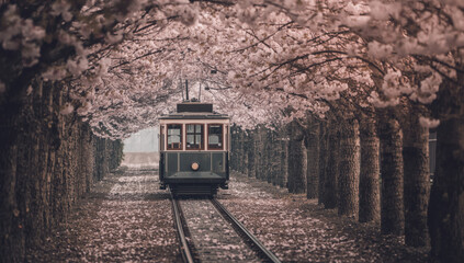 Vintage Green Tramway Journey Through Blooming Cherry Blossom Trees Tunnel Cinematic Landscape Photography Scene
