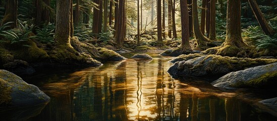 Tranquil Forest Stream: Golden Reflections and Mossy Rocks in Pacific Northwest