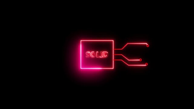 Solid- text neon bright magenta red color animation on black background.  Rectangle frame neon text letter animation.