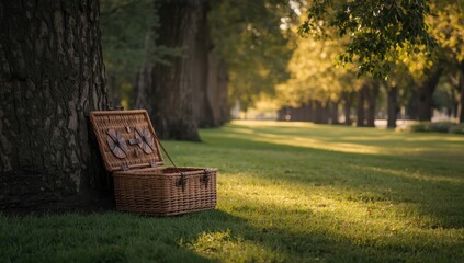 Serene Outdoor Picnic Scene with Wicker Basket under Majestic Tree in Sunlit Park Setting