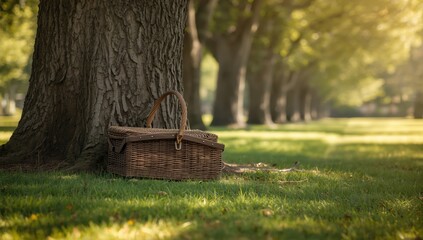 Serene Picnic Basket Under Majestic Tree in Lush Green Park with Soft Natural Lighting