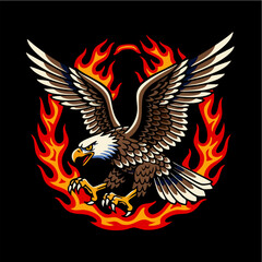 Fototapeta premium Stylized American Eagle Flying Surrounded by Flames Graphic