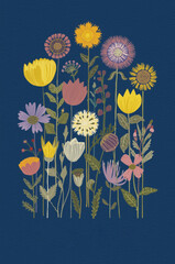 Vibrant Vector Floral Illustration of Color Page Page başında Tulips, Page Page başında Daisies, and Wildflowers on Navy Blue Background