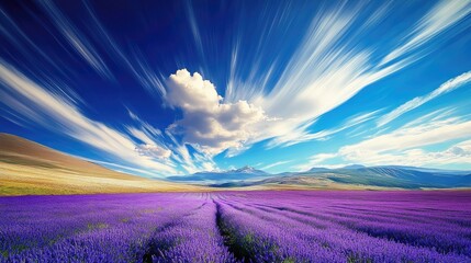 Vast Lavender Field Under Dramatic Streaking Sky and Distant Snow-Capped Mountains