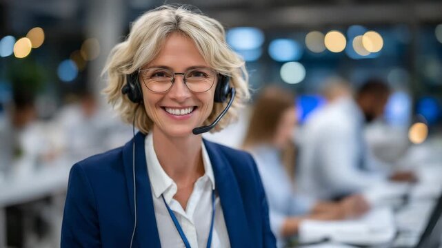 136Close-up of a smiling agent typing notes while speaking on a headset, spacious call center with rows of employees working in harmony, large windows creating airy and bright atmosph