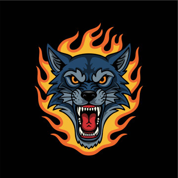 Aggressive snarling wolf head with burning flames mascot