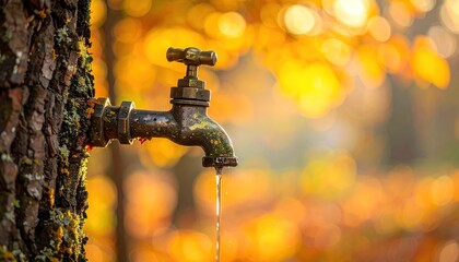 Syrup tap in maple tree - metal tap in wooden tree trunk