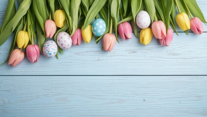 Vibrant Easter Tulips with Decorated Eggs on Soft Blue Wooden Background - Spring Floral Arrangement...