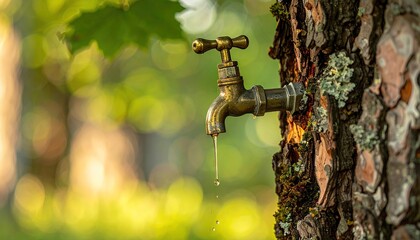 Syrup tap in maple tree - metal tap in wooden tree trunk