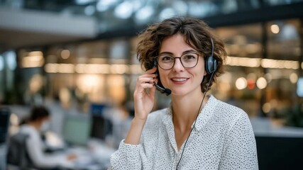142Customer service agent in headset answering calls, animatedly engaged in conversation, contemporary call center with organized desks, glass partitions, and natural sunlight floodin