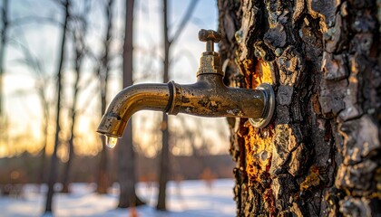 Syrup tap in maple tree - metal tap in wooden tree trunk