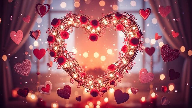 Romantic heart-shaped wreath with fairy lights and roses for Valentine's Day - Powered by Adobe