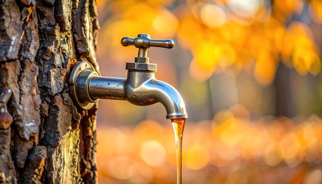 Syrup tap in maple tree - metal tap in wooden tree trunk