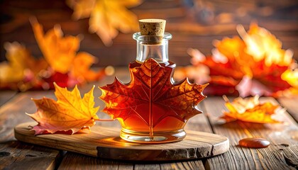 Glass bottle of canadian maple syrup with fresh maple leaves
