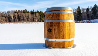 Barrel of canadian maple syrup - canadian landscape background with maple trees on farm
