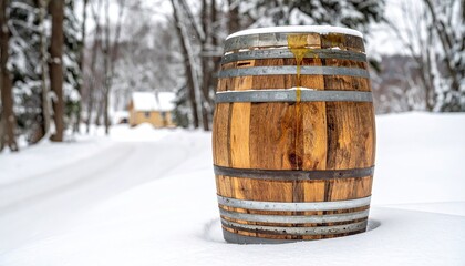Barrel of canadian maple syrup - canadian landscape background with maple trees on farm
