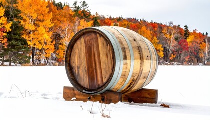 Barrel of canadian maple syrup - canadian landscape background with maple trees on farm