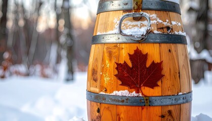 Barrel of canadian maple syrup - canadian landscape background with maple trees on farm
