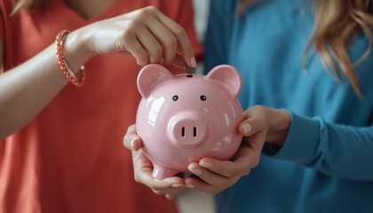 Two young women saving money together by putting coins into a pink piggy bank