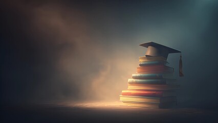 Graduation, academic cap, mortarboard trencher resting on a stack of books scholarly achievement. Education graduation academic achievement and higher education symbol. 