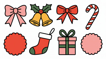 Hand drawn vector christmas doodles bows bells stocking candy cane gift boxes image