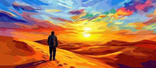 Vibrant Digital Painting: Lone Traveler's Desert Journey Towards a Fiery Sunset Sky