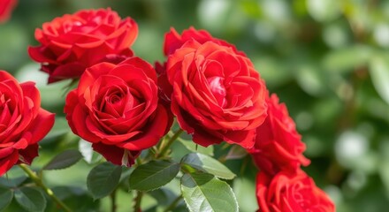 Obraz premium Cluster of Red Roses Against Blurred Green Background. Velvety Red Roses in Natural Organic Layout. Close-up of Vivid Red Roses and Glossy Green Leaves.
