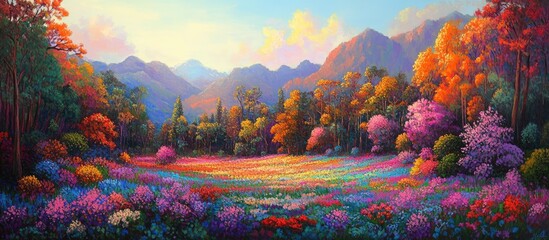 Vibrant Floral Meadow Painting with Distant Mountains and Colorful Trees