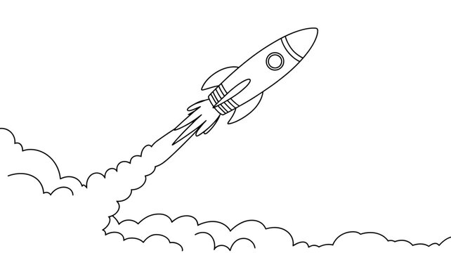 Simple line art illustration of a rocket ship taking off with smoke, symbolizing new beginnings