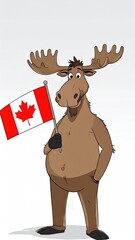 Cartoon moose is holding a canadian maple leaf flag isolated character