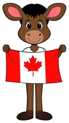 Cartoon moose is holding a canadian maple leaf flag isolated character