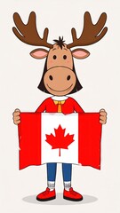 Cartoon moose is holding a canadian maple leaf flag isolated character